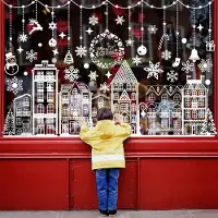Unyqoos Set van 5 Herbruikbare Kerst Raamstickers met Winterse Sneeuwvlokken en Huizen