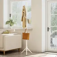 Unyqoos Houten Kapstok Vrijstaande Kledingrek met 8 Haken Driehoekige Basis voor Kleding, Hoeden, Entree, Tassen, Woonkamer, Gang, Wit