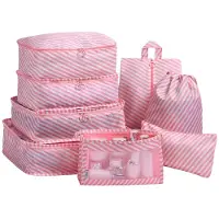 Unyqoos 8-delige reisset van opbergzakken, gemaakt van waterafstotend nylon met mesh bovenkant – schoenenzak, toilettas en waszak voor koffers en handbagage (blauw/beige/roze)