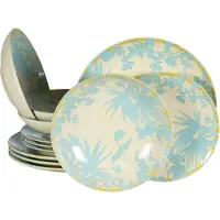 Unyqoos Servies 12 stuks. 4x dinerborden/dessertborden/schotelborden."Hawaii" Ivoorwit glanzend met lichtblauwe bladeren.Vaatwasser/elektrische oven/magnetron/vriezer