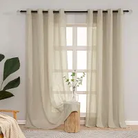 Unyqoos Half-transparante linnenlook gordijnen met inslagringen in taupe voor woonkamer