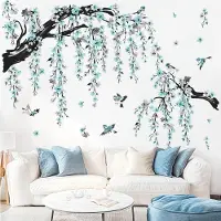 Unyqoos Decoratieve muursticker met bloemen en takken voor woonkamer of slaapkamer, blauw