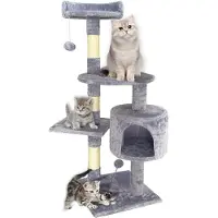 Unyqoos Kraboom 115 cm, lichtgrijs – met kattenhol, speelballen en zachte pluche bekleding, verstevigde paal voor een veilige speel- en rustplek