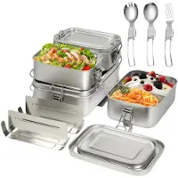Unyqoos Set van vier roestvrijstalen lunchboxen met vakken en bestek voor kinderen