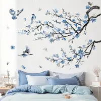 Unyqoos Blauwe muursticker met vogels en bloemen voor woonkamer en slaapkamer