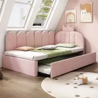 MODFU Bedbank 90x200 cm – Met uitschuifbed – L-vormig – Kroon- & spijlenontwerp – Fluweel – Roze