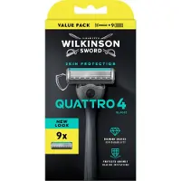Wilkinson Sword Quattro Scheersysteem voor mannen, voordeelverpakking, 4 mesjes met diamantcoating, scheersysteem met 9 navulmesjes
