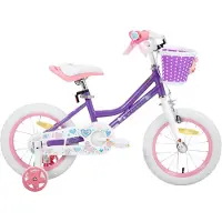 Happiq Meisjesfiets – Voor peuters en kinderen van 2-9 jaar – Met zijwieltjes, mandje, handrem & standaard – Paars, 36 cm