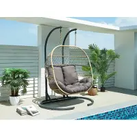 Vente-unique Hangfauteuil voor 2 personen van gevlochten hars - Licht naturel met antracietgrijs kussen - LISSANDRA van MYLIA