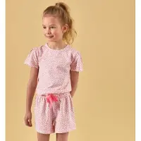 Little label shortama met panterprint roze Meisjes Stretchkatoen Ronde hals - maat 98/104