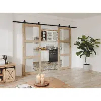 Vente-unique Dubbele schuifdeur met wandbevestiging in hout en gehard glas - 3 vensters - 2 x H205 x L83 cm - ACOSTA II