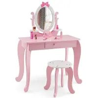 Costway Make-up tafel set voor kinderen, 2-in-1 kinder bureau van hout met krukje, ovale draaibare spiegel, lade, make-up tafel en stoel voor meisjes van 3-7 jaar
