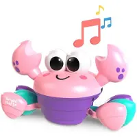 Bright Starts Babyspeelgoed 6M+ Muzikale krab om achteraan te jagen, speelgoed voor grove en fijne motoriek, obstakelsensoren, roze