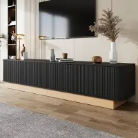 MODFU - Tv-Meubel - Geribbelde Deuren - Verstelbare Planken - Moderne Stijl - Woonkamer - MDF - Zwart - 200 x 40 x 47,5 cm
