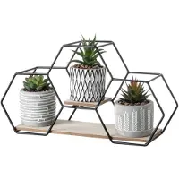 Unyqoos Kunstplantenset met 3 suculenten – geometrische suculenten in keramische en cementen potten, op een metalen voet met houten elementen, groen, decoratie voor woonkamer en kantoor