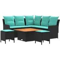 vidaXL Meubelsets met kussen 6 pcs Zwart en Turkoois PE Riet