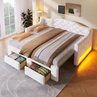 OKWISH Gestoffeerde Slaapbank 90x200 cm - Uitschuifbaar Tot 180x200 cm - Met Ledverlichting en 2 Lades - Zonder Matras - Wit