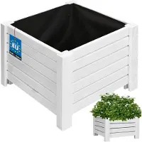KOTARBAU Houten Plantenbak, Kiefernhout, 38 x 38 x 30 cm, Wit, Houten Bloembak, Plantenbak voor Buiten, met Vlies, voor Tuin, Terras, Balkon