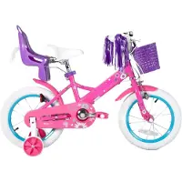 Happiq Kinderfiets – Voor jongens en meisjes – Met mand, bel, extra wielen en poppenzitje, leuk verjaardagscadeau – Paars, 36 cm