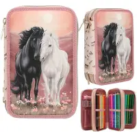Depesche Miss Melody pennenetui, roze, met 3 vakken, paardendesign, volledig gevuld