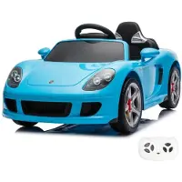 Vrooomy Porsche Carrera GT elektrische kinderauto, 12V (1-5 jaar) – Volledige uitrusting met afstandsbediening, lederen stoel, Bluetooth en EVA-banden – Officieel gelicenceerde elektrische kinderauto – Blauw