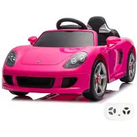 Vrooomy Porsche Carrera GT elektrische kinderauto, 12V (1-5 jaar) – Volledige uitrusting met afstandsbediening, lederen stoel, Bluetooth en EVA-banden – Officieel gelicenseerde elektrische kinderauto – Roze