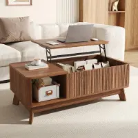 OKWISH Salontafel - Verstelbaar Tafelblad En Verborgen Opbergruimte - Woonkamer - MDF Walnootkleur - 95 x 48 x 50 cm