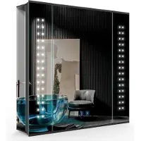 OEM LED-badkamerspiegel met geïntegreerde scheerkwast houder en dimfunctie, 65x60 cm, voor wandmontage, met modern opbergframe