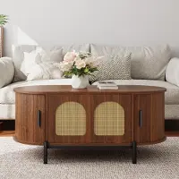 OKWISH Salontafel – Ovale Vorm Met Schuifdeuren En Rotan – Opbergruimte Voor Woonkamer – MDF Walnoot – 100×50×40 cm