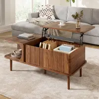 OKWISH Salontafel - Modern Retro Design - Hoogte Verstelbaar En Uitschuifbaar - Met Schuifdeur En Opbergruimte - Walnoot MDF - 100x48x55,5 cm