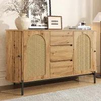 MODFU - Ovale Dressoirkast - Schuifdeuren En Lades - Verstelbare Planken - Scandinavische Stijl - Woonkamer - MDF - Naturel