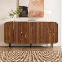 Merax dressoir in mid-century stijl, met 4 deuren en verstelbare planken, commode met metalen poten en geometrische reliëfs en groeven, kast voor de woonkamer of hal, notenhout