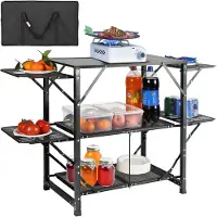 Sweiko Campingtafel, aluminium, inklapbaar, draagbaar, buitenkookstation met 4 ijzeren platen, 2 planken en draagtas. Snel op te zetten voor picknicks, barbecueën, strandbezoeken, reizen, enz.