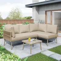 Laura Loungeset Tuin 4-Persoons 120x60x72 cm L-Vorm Hoekbank met Tafel, IJzeren Frame & Touwdesign, Inclusief Dikke Kussens Khaki –