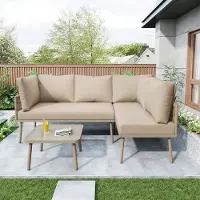 Laura Loungeset Tuin 4-Persoons 120x60x72 cm L-Vorm Hoekbank met Tafel, IJzeren Frame & Touwdesign, Inclusief Dikke Kussens Khaki –