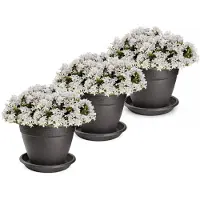 PlasticForte 3x plantenpot met opvang schaal - antraciet - rond - D30 x H23 cm - kunststof - buiten - tuin - bloempot