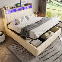 Sweiko Tweepersoonsbed - 160*200 cm - LED-verlichting + USB-aansluiting - Opbergruimte - Zonder matras - Beige