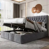 Sweiko Gestoffeerd bed, met hydraulische hendel, multifunctioneel bed met opbergruimte, versierd met klinknagels, 140 x 200 cm, zonder matras, fluweel, grijs