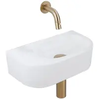 Qeramiq Fuente Fonteinset - 40x21.5x12cm - glad - halfrond - keramiek - fonteinkraan geborsteld messing - afvoerplug - verlaagd sifon - wit mat SW1210763/SW696208/SW696218/SW1108830