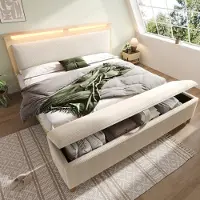 MODFU Tweepersoonsbed met Opbergbank – 180x200 cm – LED met 20 Kleuren – Cordstof – Modern – Beige & Eiken