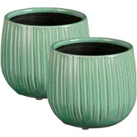 Mica Decorations Plantenpot - 2x - keramiek - groen glans / ribbels - D14 x H12 cm - bloempot Pablo