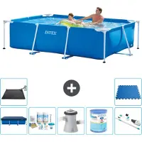 Intex Rechthoekig Frame Zwembad - 260 x 160 x 65 cm - Blauw - Inclusief Afdekzeil - Onderhoudspakket - Zwembadfilterpomp - Filter - Stofzuiger - Solar Mat - Vloertegels - 8-delig