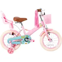 Happiq Kinderfiets – Voor jongens en meisjes – Met mand, bel, extra wielen en poppenzitje, leuk verjaardagscadeau – Roze, 36 cm