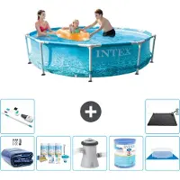 Intex Rond Frame Zwembad - 305 x 76 cm - Waterprint - Inclusief Solarzeil - Onderhoudspakket - Zwembadfilterpomp - Filter - Grondzeil - Stofzuiger - Solar Mat - 8-delig