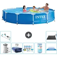Intex Rond Frame Zwembad - 366 x 76 cm - Blauw - Inclusief Pomp - Solarzeil - Onderhoudspakket - Filter - Grondzeil - Stofzuiger - Solar Mat - 8-delig