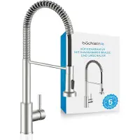 Bächlein Keukenkraan Nedo 360 graden draaibaar (geborsteld roestvrij staal) - RVS eenhands spoelbakmengkraan met flexibele hals en sproeier met omschakelknop, kraan voor de keuken