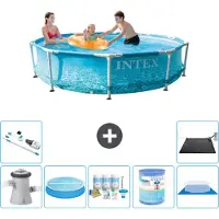 Intex Rond Frame Zwembad - 305 x 76 cm - Waterprint - Inclusief Pomp - Solarzeil - Onderhoudspakket - Filter - Grondzeil - Stofzuiger - Solar Mat - 8-delig