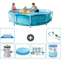 Intex Rond Frame Zwembad - 305 x 76 cm - Waterprint - Inclusief Pomp - Solarzeil - Onderhoudspakket - Filter - Grondzeil - Stofzuiger - 7-delig