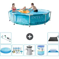 Intex Rond Frame Zwembad - 305 x 76 cm - Waterprint - Inclusief Solarzeil - Onderhoudspakket - Zwembadfilterpomp - Filter - Grondzeil - Stofzuiger - Solar Mat - 8-delig