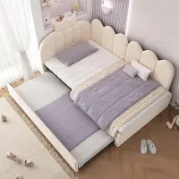 STILVORA Bedbank 90x200 cm – Uitschuifbaar Logeerbed In L-Vorm – Voor Kinderkamer En Logeerkamer – Fluweel – Beige – Zonder Matras